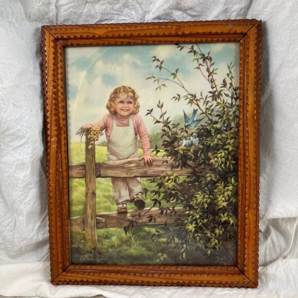 Tramp Art Works Antique Carved Wood Chip Frame 1930s Adelaide Hiebel Bluebird - Picture 7 of 10